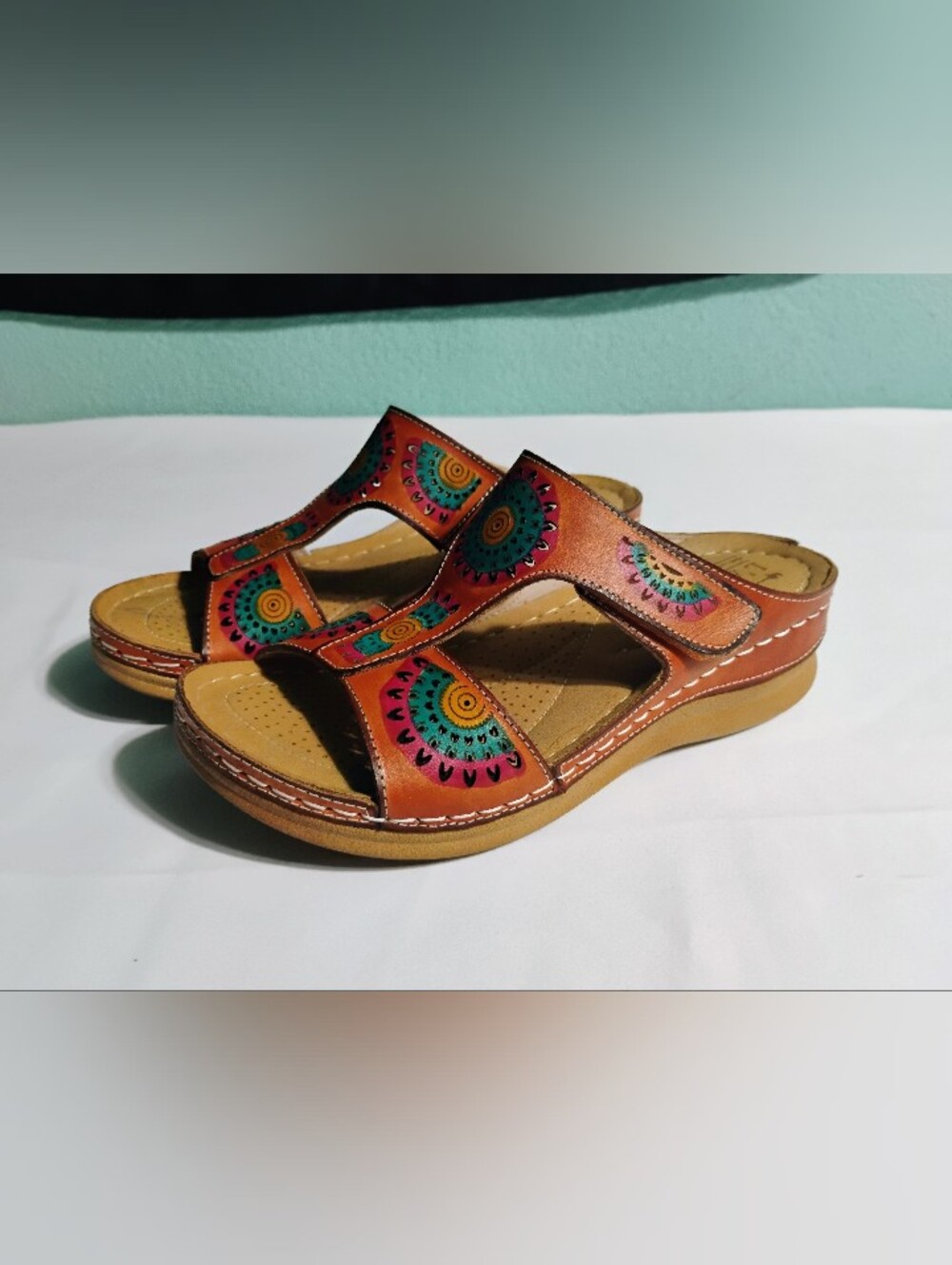 L'Artiste Leather Slide Wedge Sandals Brown/Multicolor Women's Sz 35 US 5